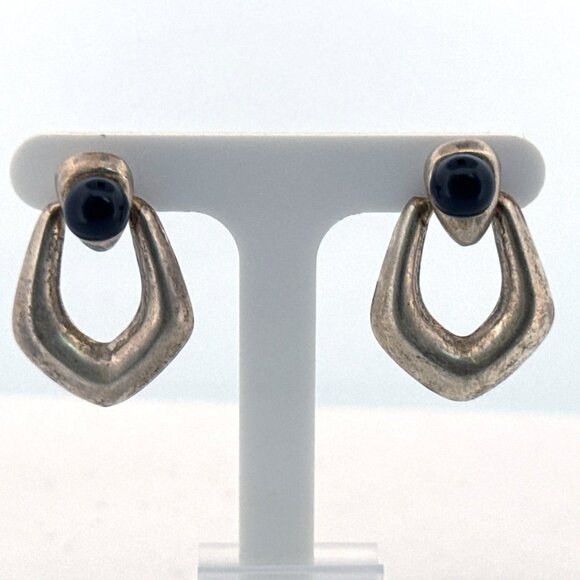 Vintage Estate 925 Sterling Silver Modernist Dangle Earrings Black Onyx Studs - Picture 1 of 8
